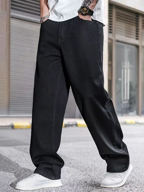 Black  Collar  Denim Plain Wide Leg Embellished Non-Stretch  Men Denim Black Loose Jeans Outfit Men, Black Baggy Jeans For Men, Black Wide Jeans Outfits, Black Baggy Jeans Men, Black Pants Outfit Men, Wide Leg Jeans Men, Loose Jeans Outfit, Black Boyfriend Jeans, Straight Legged Jeans