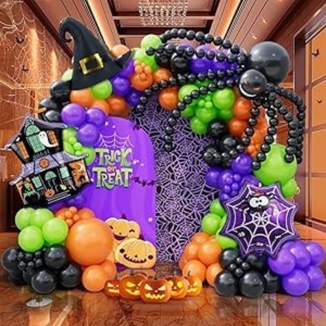 🎃💀 ¡Decora tus celebraciones de Halloween y Día de los Muertos con nuestros exclusivos adornos de globos! 🎈  Desde figuras aterradoras hasta diseños festivos, nuestros globos serán el centro de atención en tus eventos. 🎉 ¡Haz que tu fiesta sea inolvidable con nuestra decoración única! 🕸️ #AdornosDeGlobos #DecoraciónHalloween #DíaDeLosMuertos #GlobosFestivos #DecoraciónDeFiestas #affiliatelink Purple Green Orange Halloween Decor, Halloween Balloon Backdrop Ideas, Balloon Halloween Decorations, Balloon Packaging, Halloween Balloon Ideas, Globos Halloween, Background Classroom, Halloween Balloon Arch, Halloween Balloon Garland