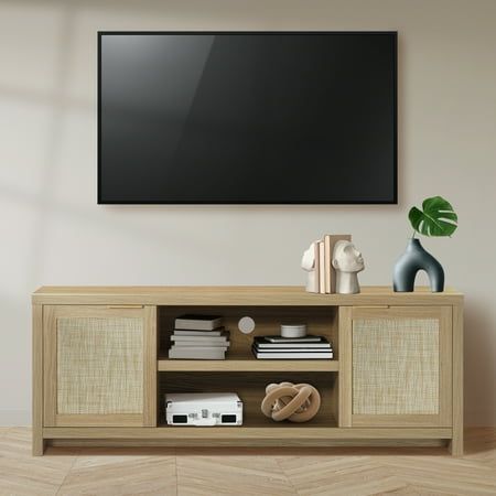 The ARKANTOS Mid-Century Modern Media Console is a versatile TV stand designed for TVs up to 65 inches, featuring a stylish oak veneer finish and elegant rattan doors that add a touch of natural sophistication to any living room. Measuring 59" L x 15.4" W x 21.65" H, this sturdy console offers ample storage with two large closed cabinets, two drawers, and four open shelves. This entertainment center constructed from premium MDF board and rattan with solid wood legs supporting up to 220 lbs, it e Tv Without Console, Bedroom Entertainment Center, Mid Century Modern Media Console, Rattan Tv Stand, Console For Living Room, Living Room Natural, Rattan Doors, Wood Media Console, Living Room Classic