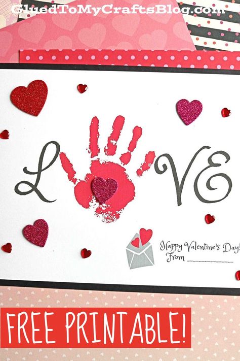 Handprint LOVE Keepsake For Kids To Make This Valentine's Day Valentine Craft Gifts For Parents, Valentine Printables Free Kids Classroom, Handprint Valentines Day Crafts, Tk Valentines Crafts, Valentine Cards From Kids To Parents, Valentines Crafts For Kids Printable, Kids Valentines Gifts For Parents, Valentines Projects For Kindergarten, Fingerprint Valentine Art For Kids