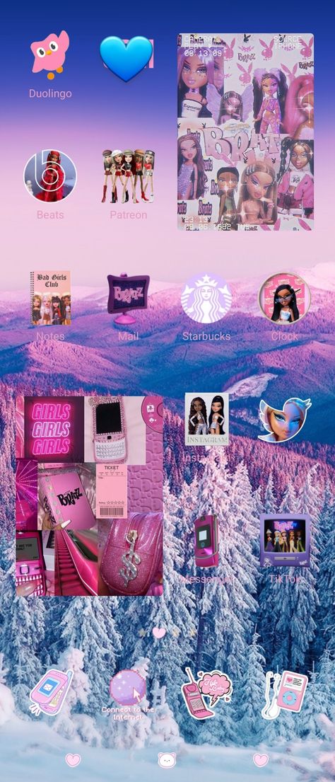 Y2K Bratz Theme iOS Android widget home screen inspiration Christmas winter edition Bratz Phone Theme, Bratz Homescreen, Bratz Background Aesthetic, Bratz Phone Wallpaper, Phone Themes Monster High, Home Screen Inspiration, Bratz Wintertime Wonderland, Melanin Aesthetic, Android Widgets