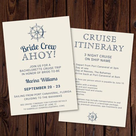 Bachelorette Cruise Trip Bride Crew Ahoy Itinerary Invitation Cruise Bachelorette Party, Flamingo Bachelorette, Itinerary Invitation, Nautical Invitations, Bachelorette Cruise, Cruise Trip, Bachelorette Invitations, Wedding Party Supplies, Bachelorette Party Invitations