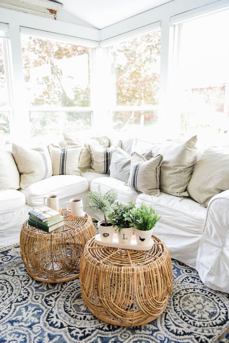 Wicker Coffee Table Sunroom Living Room Design by Liz Marie Blog_0017 Sunroom Living Room, White Couch, Wicker Coffee Table, Liz Marie, Rattan Table, Rattan Coffee Table, Large Coffee Tables, Diy Basket, Diy Coffee Table