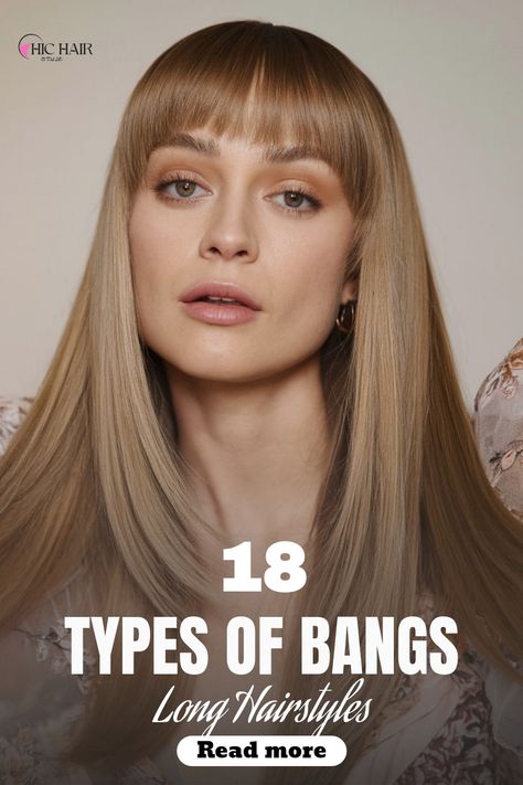 Sleek length with sharp blunt bangs Bangs Low Maintenance, Minimal Bangs Hair, Bangs At Eyebrows, Different Style Bangs For Long Hair, Thick Fringe Hairstyles, Different Bangs Styles Chart, Bang Type Chart, Long Dark Blonde Hair With Bangs, Bottleneck Bangs Straight Hair