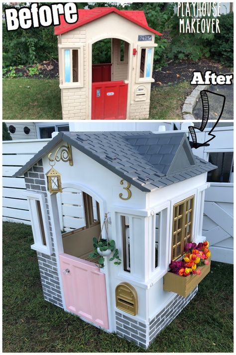 Little Tikes Playhouse makeover! Transforming a plastic outdoor playhouse! Little Tikes Playhouse Makeover, Plastic Playhouse, Playhouse Makeover, Dollhouse Makeover, Outdoor Playhouse, Backyard Kids Play Area, Diy Playhouse, Playhouse Outdoor, Backyard Playground