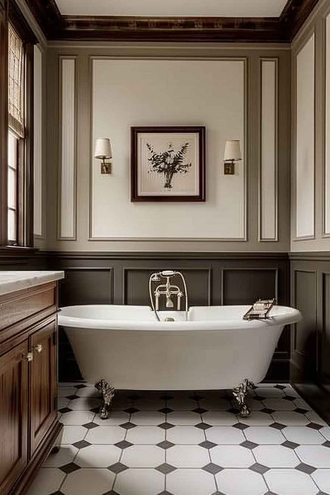 A classic bathroom with a freestanding clawfoot tub, elegant wall paneling, and refined lighting, offering a timeless and sophisticated ambiance. Traditional Ensuite Shower Room, Traditional Style Powder Room, Blue Beige Bathroom Ideas, Devol Style Bathroom, Traditional Tile Bathroom, English Inspired Bathroom, Old Homes Interior Victorian, Traditional Eclectic Bathroom, Parisienne Bathroom