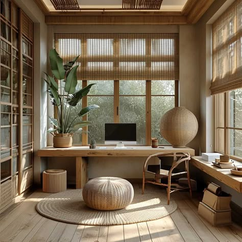 The Gentle Art of Zen Style in Home Interior Design • [ArtFacade] Bali Style Home Office, Zen Style Office, Home Interior Design Japanese, Zen Library Room, Zen Home Office Ideas, Minimal Muji Home, Peaceful Home Aesthetic, Japanese Interior Design Zen, Home Interior Design Minimalist