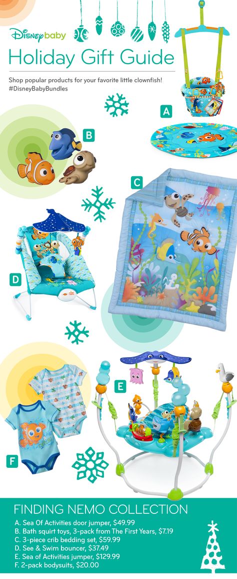 Disney Baby Holiday Gift Guide: Finding Nemo. Shop popular gifts for your favorite little clownfish & create some #DisneyBabyBundles for baby. Select from a door jumper, a standing jumper entertainer, a bouncy seat, crib bedding and cute Nemo bodysuits. All are great last-minute gifts for Baby's holiday. Click through to shop. #FindingNemo Room Ideas Disney, Finding Nemo Nursery, Nemo Nursery, Nursery Disney, Disney Baby Rooms, Finding Nemo Baby, Nemo Baby, Disney Finding Nemo