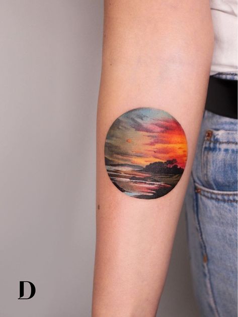 Beautiful tattoo by Deborah Genchi #DeborahGenchi #debartist #realism #realistic #illustrative #watercolor #color #sunset #beach #landscape #sky #forearm #arm #clouds | By Deborah Genchi | Done at Debrart Tattoo Studio | Jun 14th 2019 | 1042293 Tattoo Watercolour, Dr Tattoo, Fibonacci Tattoo, Sunrise Tattoo, Tattoo Ink Colors, Sunset Tattoo, Sky Tattoos, Homemade Tattoos, Sunset Tattoos