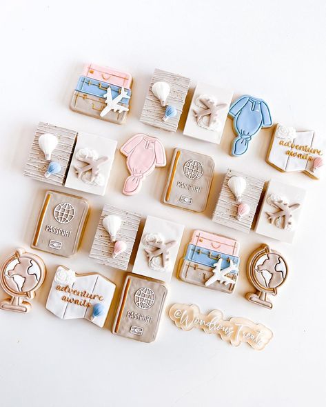 🌎Adventure Awaits ✈️ Gender Reveal Treats… | Instagram Travel Gender Reveal, Adventure Gender Reveal, Gender Reveal Treats, Baby Flight, Gender Reveal Cookies, Gender Reveal Themes, Adventure Baby, Reveal Ideas, April 25