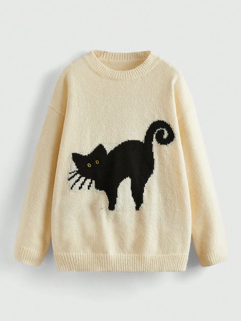 ROMWE Kawaii Black Cute Cat And Floral Patterned Soft Beige Autumn/Winter Sweater With Fine Knit SweaterI discovered amazing products on SHEIN.com, come check them out! Outfit Aesthetics, Gatto Carino, Winter Crochet, Fine Knit Sweater, Beige Pullover, Cat Sweater, Pullover Outfit, Soft Beige, Women Sweaters