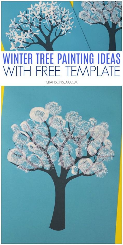 winter tree painting ideas for kids with free template #wintercrafts #kidscrafts #preschool Winter Tree Painting, Tree Painting Ideas, Winter Crafts For Toddlers, Painting Ideas For Kids, January Crafts, Tree Printable, Diy Girls, Winter Art Projects, Painting Winter