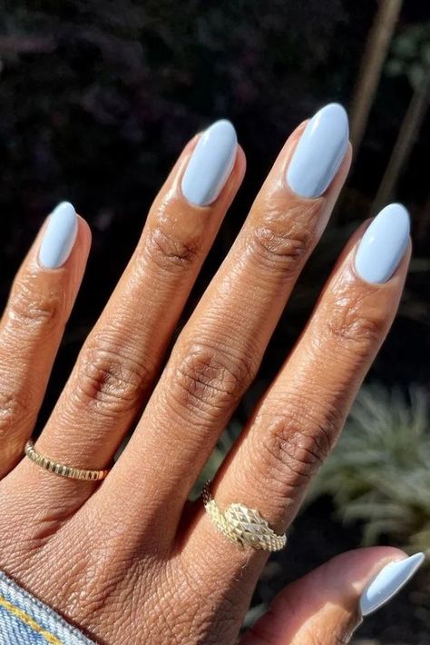 Light Blue Nails Plain, Oval Light Blue Nails, Light Sky Blue Nails, Light Blue Gel X Nails, Light Gray Blue Nails, Light Blue Nails Round, Something Blue Wedding Nails, Light Blue Nail Color, Light Blue Pearl Nails