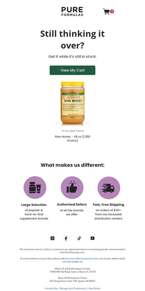 An awesome Cart abandonment email example from PureFormulas. View 100+ more email templates and examples and get inspiration for your next email design with MailCharts! #EmailDesign #EmailMarketing #EmailInspiration #CartAbandonmentEmail Abandoned Cart Email Examples, Email Campaign Template, Abandoned Checkout Email Design, Browse Abandonment Email, Edm Design Email Marketing, Abandoned Cart Email Design, Email Marketing Campaign Ideas, Email Marketing Newsletter Design, Email Campaign Design