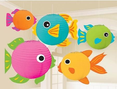 If you don't want to make your own fish, there are paper fish that can be purchased from party supply stores - such as these. Finding Nemo Theme, Noahs Ark Theme, Fish Lanterns, Ocean Theme Classroom, Paper Fish, Hawaiian Party Decorations, Fiesta Tropical, Sea Birthday Party, Fish Crafts