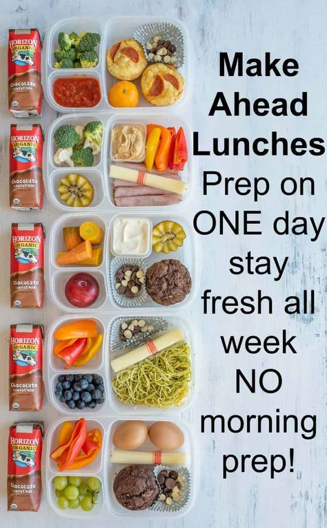 I actually LOVE lunch box packing. And make-ahead lunches are amazing because you put them together on Sunday, and they last until lunch time later in the week! Throw in some Horizon Organic cheese sticks and milk boxes for easy, on-the-go protein. #ad #HorizonOrganic #lunchboxes #packedlunch #makeaheadlunch #lunch #lunchideas Bento Box Protein Lunch Ideas, Make Ahead Bento Box Lunches, Packing Toddler Lunch For Daycare, Kids Lunch Prep For The Week, Lunch Box Protein, Kids Meal Prep For The Week, Meal Prep For Kids Lunches, Meal Prep Kids Lunch, Toddler Cold Lunch Ideas