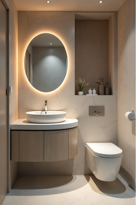 Futuristic bathroom with curved vanity unit and smart mirror Compact Bathroom Ideas, Curved Bathroom Vanity, Unique Small Bathroom, Small Bathroom Vanity Ideas, Smart Mirror Bathroom, Futuristic Bathroom, Outdoor Living Porch, Small Bathroom Vanity, Bathroom Vanity Ideas