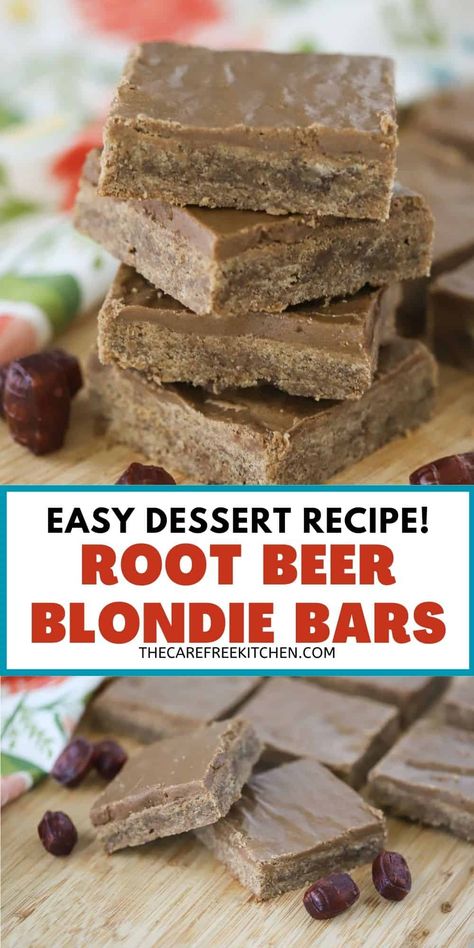 These Root Beer Bars are chewy, sweet, and covered in a thick layer of root beer icing. They’re a quick and easy cookie bar recipe that is always a hit at birthday parties, potlucks, and as a special treat at home. #thecarefreekitchen #bars #rootbeer #cookiebars #blondies #brownies #dessert Rootbeer Extract Recipes, Root Beer Desserts, Root Beer Cookies, Root Beer Float Bar, Beer Dessert, Blondies Brownies, Root Beer Recipe, Blondie Bars, Cookie Bars Easy