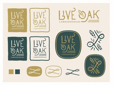 Live Oak Labradoodles Interesting Logo Ideas, Unique Logos Creative, Oak Logo Design, Graphic Designer Logos, Oak Logo Ideas, Queen Branding, Landscaping Branding, Oak Leaf Logo, Branding Symbols