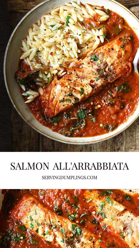 Salmon all'Arrabbiata Middle Eastern Salmon Recipes, Salmon Tomato Sauce, Healthy Dinner Recipes With Salmon, Salmon Supper Ideas, Baked Fish Dinner Ideas, Salmon Recipes Mediterranean, Salmon Italian Style, Spanish Salmon Recipes, Unique Salmon Recipes