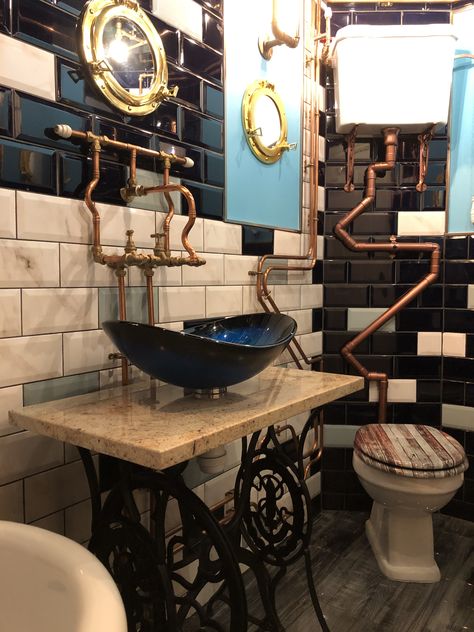 Steampunk Bathroom, Half Bath Remodel, Half Bath, Bath Remodel, Basement, Round Mirror Bathroom, Bathroom Mirror, Bath, Mirror