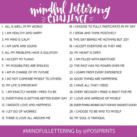 I'm so excited to announce that my 30-day #mindfullettering challenge starts April 1st! Practice your hand lettering and also spread some good vibes around with daily positive affirmations! Participating is easy! To enter the Mindful Lettering Challenge: 1) Download, print or Pin the prompt list below to follow along daily. 2) Post the prompt photo on Instagram and tag #mindfullettering and @PosiPrints to let us know you're joining. Sketching Challenge, Positive Prints, Handwriting Ideas, Creative Prompts, Journaling Tips, Improve Your Handwriting, Lettering Challenge, Hand Lettering Inspiration, Passion Planner