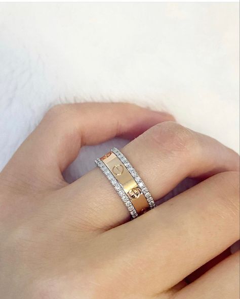 Cartier Love Ring Rose Gold Stack, Cartier Love Ring Diamond, Diamond Band Stack, Cartier Love Wedding Band, Stacked Diamond Bands, Gold Candy, Cartier Love Ring, Stacked Wedding Rings, Simple Luxury