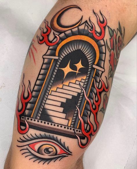 Staircase Tattoo, Traditional Hand Tattoo, Traditional Tattoo Flash Art, Traditional Tattoo Inspiration, Medieval Tattoo, Tattoo Love, Traditional Tattoo Sleeve, Old School Tattoo Designs, Traditional Ink