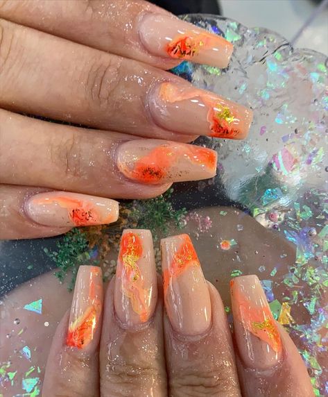 Orange Marble Nail Designs, Orange Marble Nails, Orange Marble, Marble Nail Designs, Graduation Nails, Ballerina Nails, Marble Nails, Orange Nails, Chic Nails