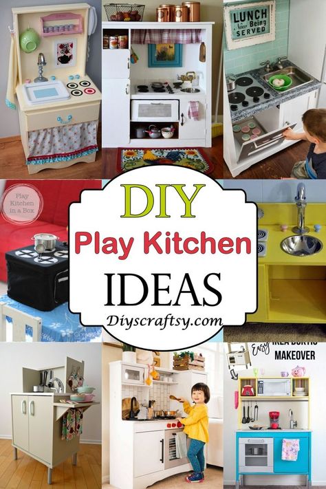 25 DIY Play Kitchen Ideas For Kids Diy Toy Kitchen Makeover, Upcycle Play Kitchen, Diy Play Kitchen Ideas, Play Kitchen Ideas, Diy Kids Kitchen, Eco Friendly Diy, Play Kitchens, Kids Play Kitchen, Diy Play Kitchen