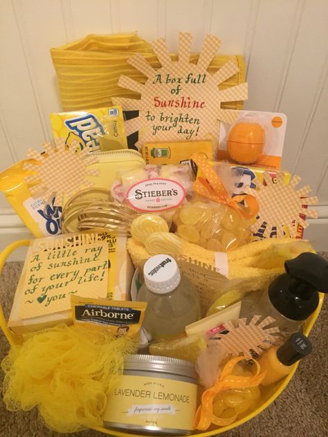 A box full of sunshine! I hope this brings a smile to anyone's face! Yellow Gift Basket Ideas, Sunshine Box Ideas, Boxes Of Sunshine Ideas, Sunshine Gift Box Ideas, Yellow Sunshine Box Ideas, Basket Full Of Sunshine Gift Ideas, Box Full Of Sunshine Ideas, Yellow Box Of Sunshine Gift Ideas, Sunshine Basket