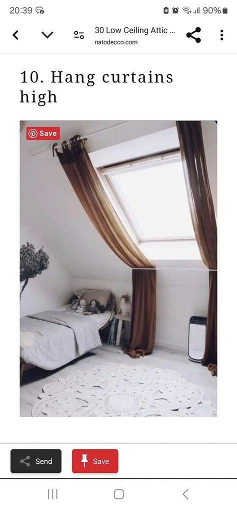 Ikea tips, hacks and more! | Just seen on pinterest thought of share. | Facebook Hang Curtains High, Low Ceiling Attic, Attic Windows, Hang Curtains, Window Curtains Bedroom, Attic Window, Attic Bedroom, Attic Rooms, Home Curtains