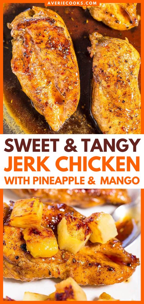 Sweet and Tangy Jerk Chicken with Caramelized Pineapple and Mango - Averie Cooks Pollo Tropical, Caramelized Pineapple, Averie Cooks, Easy Dinner Recipe, Awesome Recipes, Jerk Chicken, Jamaican Recipes, Caribbean Recipes, Poultry Recipes