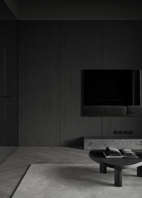 PIKE :: Behance Dark Tv Wall, Fireplace Interior, Black Living, Grey Interior Design, Black Interior Design, Luxury Penthouse, Black Living Room, Interior Design Photography, Dark Home