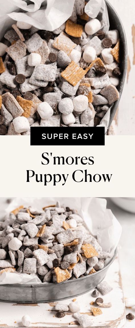 Put a fun spin on your snackable muddy buddies recipe with this s'mores puppy chow! Made with just 7 ingredients, you'll love this scrumptious sweet treat. Amanda Rettke, Puppy Chow Cookies, Puppy Chow Christmas, Puppy Chow Chex Mix Recipe, Chex Mix Puppy Chow, Muddy Buddies Recipe, Puppy Chow Recipes, Broma Bakery, Chex Mix Recipes