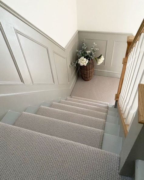 Before & after hall way shot Please please please can you share my account it’s been hacked at 28k I have lost it all the time it took to… | Instagram Stairs And Hallway Ideas, Stair Paneling, درج السلم, Entrance Hall Decor, Carpet Staircase, House Staircase, Hallway Inspiration, Narrow Hallway Decorating, Home Hall Design