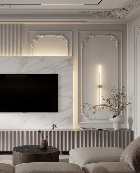 French Tv Wall Design, New Classic Living Room Tv Wall, Neo Classical Wall Panelling, Neoclassical Wall Design, Classical Tv Unit Design, Classic Tv Unit Design, Classical Tv Unit, Neoclassical Interior Living Rooms, Living Room Neoclassic