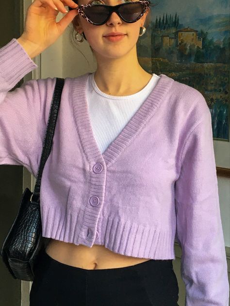 Cardigan Outfit Purple, Lavender Cardigan Outfit, Lilac Cardigan Outfit, Purple Cardigan Outfits, Cardigan Outfit Korean, Ootd Cardigan, Cardigan Outfit Aesthetic, Descendants Dr, Lilac Cardigan