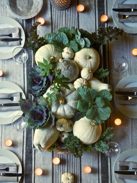 Farmer's Market Tablescapes -The Daily Basics - Cabbage Pumpkin Centerpieces, Fall Tablescapes, Thanksgiving Table Settings, Thanksgiving Tablescapes, Table Inspiration, Thanksgiving Centerpieces, Thanksgiving Table Decorations, Deco Floral, Fall Centerpiece