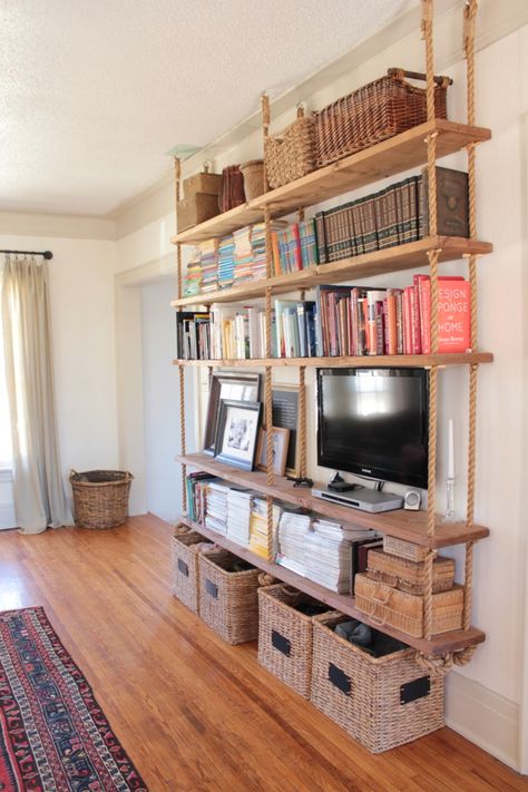 White Hanging Shelves, Hanging Bookshelves, Hanging Rope Shelves, Industrial Wall Shelves, Rustic Wooden Shelves, Wood Bookshelves, Rope Shelves, Bookshelves Diy, Home Space