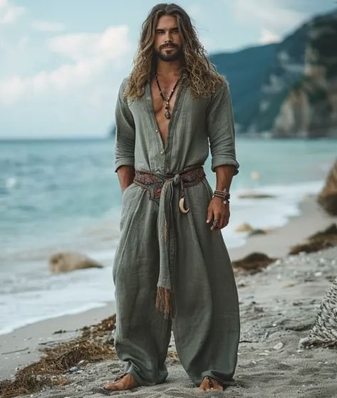 Greek Inspired Fashion Men, Bohemian Man Outfit, Mens Boho Fashion Bohemian Style For Men, Men’s Fashion Boho, Flowy Male Outfit, Boho Outfits For Men, Boho Men Style Bohemian, Desert Fashion Men, Desert Aesthetic Fashion Men