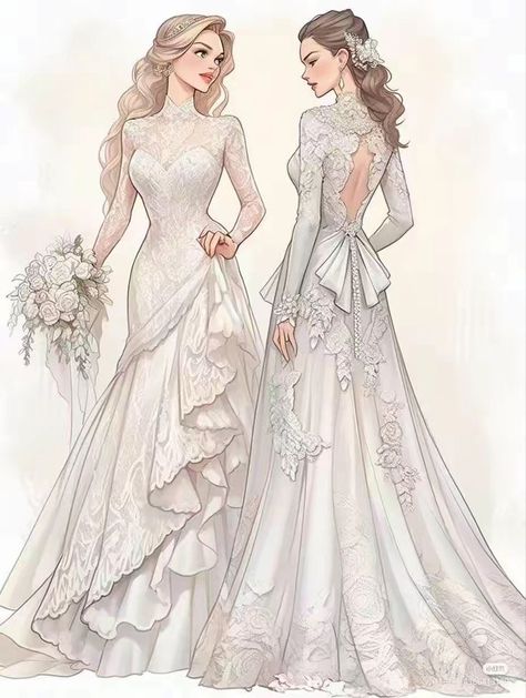 Long Dress Poses Drawing Reference, Wedding Dresses Anime, Royal Dress Drawing, Art Dress Fashion, Dress Fashion Drawing, Dresses Fashion Illustration, Anime Wedding Dress, Wedding Dress Drawings, Royalty Dress