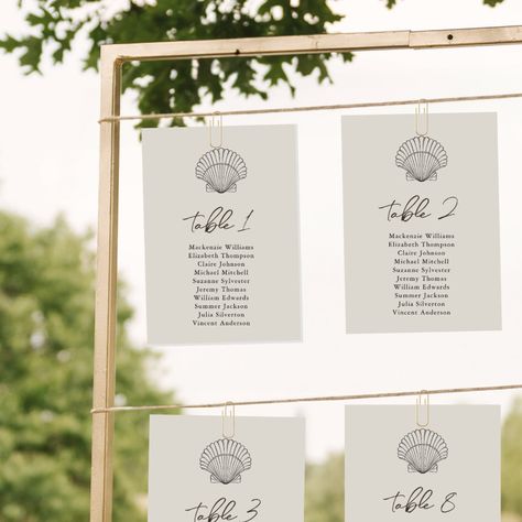 Beach Theme Seating Chart, Seating Assignments Wedding, Shell Name Cards Wedding, Coastal Wedding Seating Chart, Coastal Seating Chart, Beach Seating Chart, Beach Wedding Seating Chart, Wedding Guest Seating Chart, Beach Wedding Table Numbers