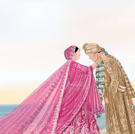 Rashmi Singh on Instagram: "A lifetime thing🌸 I have been obsessed with beach wedding vibes and you all might see more with same aesthetics for a while🌸  . #fashion #wedding #couple #weddingillustration #beachwedding #weddingaesthetic #weddinginspiration #bride #indianwedding @weddingsutra @wedmegood @weddingbazaarofficial #lehenga #illustrator #fashiondesigner #designer" Wedding Couples Illustration, September Wedding Cake, Indian Wedding Couple Illustration, Wedding Initials Logo Design, Painted Outfits, Mood Board For Wedding, Dress Illustration Design, Mehndi Practice, Wedding Invitation Illustration