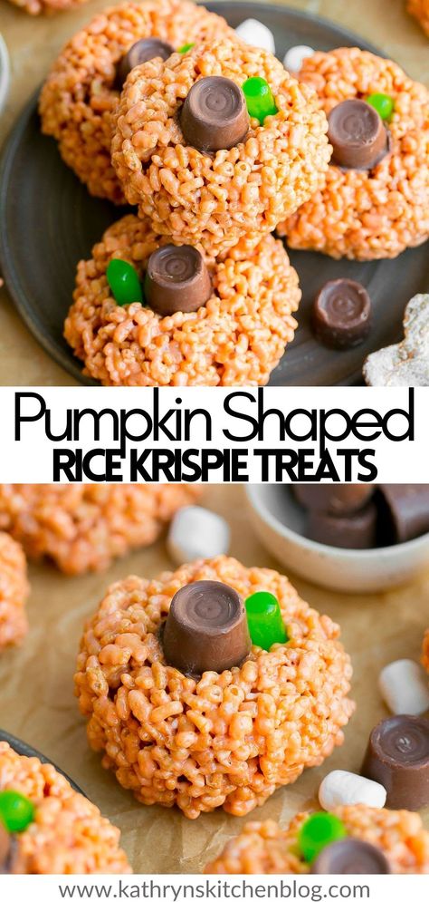 Pumpkin Rice Krispie Treats makes an adorable and festive Halloween or Fall treat! Made with a gooey marshmallow cereal mixture that tastes like traditional rice krispies treats, then shaped into cute little pumpkins that are topped with candy. Rice Krispie Pumpkins, Crockpot Ham And Beans, Pumpkin Rice Krispies, Candy Cookies Recipes, Pumpkin Rice Krispie Treats, Homemade Cream Corn, Halloween Rice Krispie Treats, Pumpkin Rice, Marshmallow Cereal