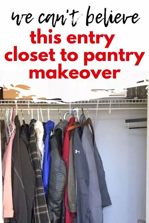 Check out this entry closet transformation into a much needed pantry. This coat closet becomes a pantry on a budget with these easy quick pantry updates. Entry Closet Makeover, Pantry On A Budget, Coat Closet Makeover, Converted Closet, Deep Closet, Closet Transformation, Closet Makeover Diy, Make A Closet, Entry Closet