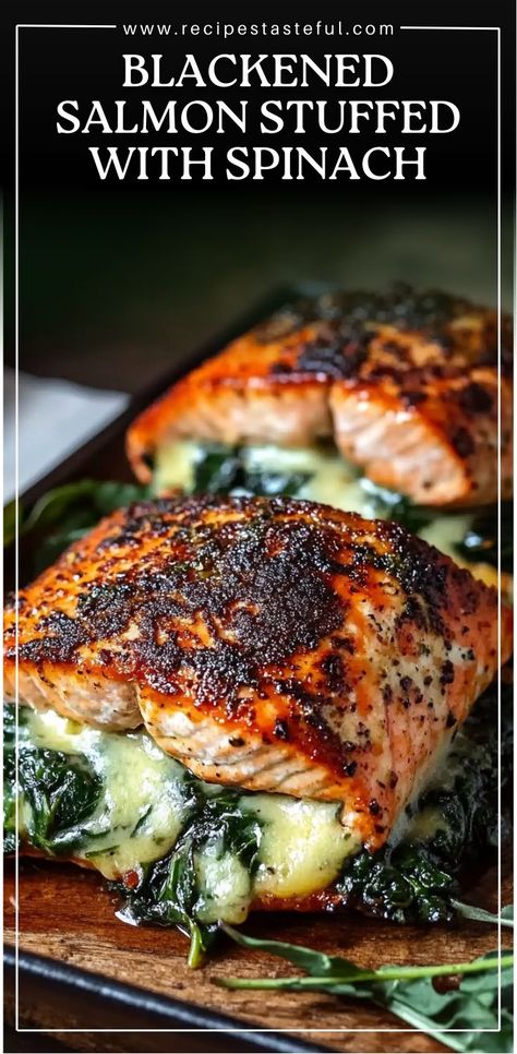 This Blackened Salmon Stuffed with Spinach & Parmesan is a flavorful and healthy dish with crispy, blackened salmon fillets stuffed with a creamy spinach and Parmesan mixture. Perfect for a weeknight meal or a special occasion, this dish is easy to make and packed with delicious flavors. Salmon Stuffed With Spinach, Stuffed Salmon Recipes, Salmon Stuffed, Spinach Parmesan, Salmon Recipes Baked Healthy, Stuffed Salmon, Salmon Spinach, Broiled Salmon, Blackened Salmon