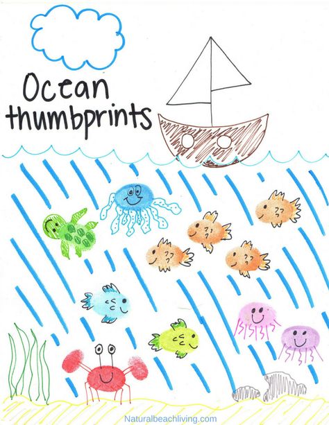 Thumbprint Ocean Animals, make Fingerprint Art Animals with your kids with a free printable tutorial to make it easy for you.  Easy to follow step by step directions. Add these Ocean Animal crafts to any ocean theme, These thumbprint animal pictures are adorable. fingerprint animals pictures, how to make fingerprint animals #ocean #oceanart #oceananimals #artforkids #oceantheme #preschool #kindergarten #thumbprintanimals #fingerprintanimals Thumbprint Animals, Fingerprint Fish, Fingerprint Animals, Fingerprint Art Kids, Ocean Activity, Thumbprint Crafts, Ocean Animal Crafts, Animals Craft, Ocean Theme Preschool