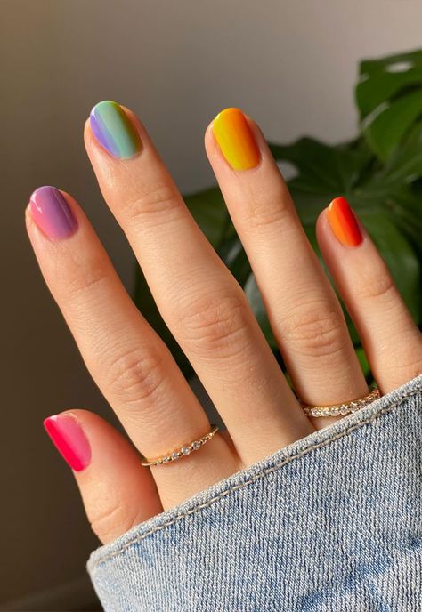 colorful nail ideas, almond nails, mix and match nails, rainbow nail color, nail art, creative nail art, summer nail designs, summer nail colors, acrylic nail ideas Rainbow Nail Ideas, Colorful Nail Ideas, Match Nails, Nails Rainbow, Gradient Nail Design, Creative Nail Art, Rainbow Nails Design, Rainbow Nail, Best Gel Nail Polish