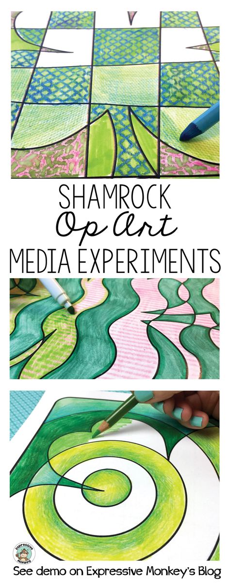 Give kids a chance to experiment with different ways to make green, then use a variety of greens to color in the Op Art Shamrocks.  See the media and techniques I used to create my shamrocks in this blog post. This set of Op Art Shamrock Coloring Pages will rock your St. Patrick's Day! #stpatricksdayart #opartlesson #shamrock #coloringpages #artlessons St Patrick’s Day Art For Kids, St Patrick’s Day Art Projects, March Art Projects, Shamrock Art Projects For Kids, St Patrick’s Day Art Projects For Kids, March Elementary Art Projects, St Patricks Day Art For Kids, St Patricks Day Art Projects, March Art